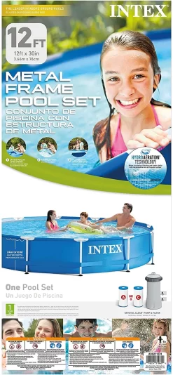 Intex 28211EH 12-Foot X 30-inch Metal Frame Round 6 Person Outdoor Above Ground Swimming Pool With GFCI Filter Pump And Pool Cover -Intex 6 155