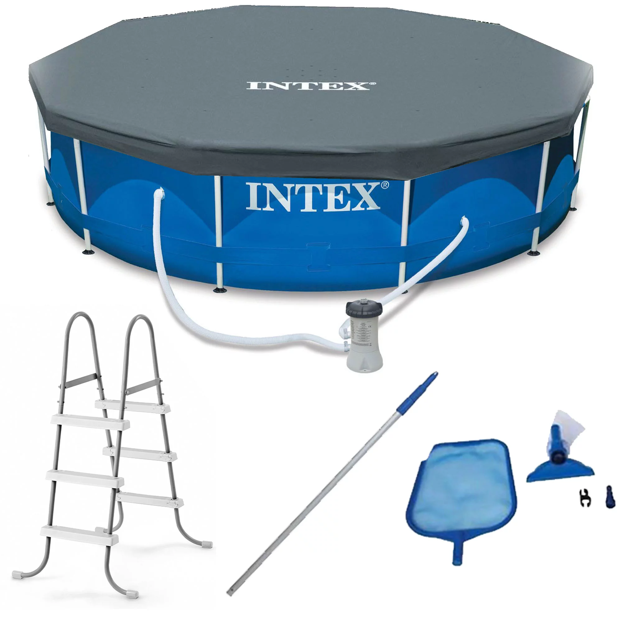 Intex 12 X 2.5 Foot Metal Frame Above Ground Pool With Filter And Accessories 1 Intex 12 X 2.5 Foot Metal Frame Above Ground Pool With Filter And Accessories