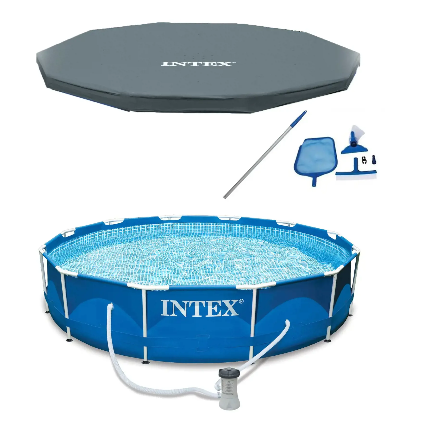 Intex 12′ X 30″ Round Metal Frame Above Ground Pool, Filter, Cover, & Maintenance Kit 1 Intex 12′ X 30″ Round Metal Frame Above Ground Pool, Filter, Cover, & Maintenance Kit