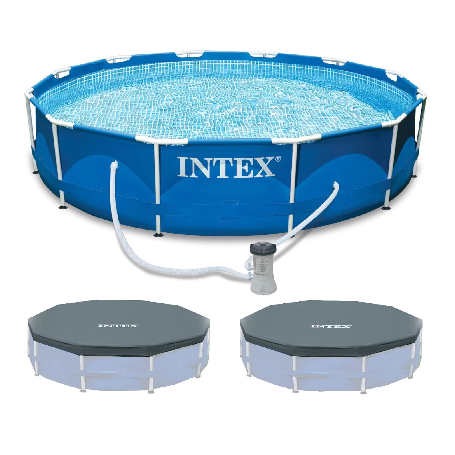 Intex 12’x30″ Metal Frame Swimming Pool With Filter Pump & 2 Pool Cover 1 Intex 12’x30″ Metal Frame Swimming Pool With Filter Pump & 2 Pool Cover